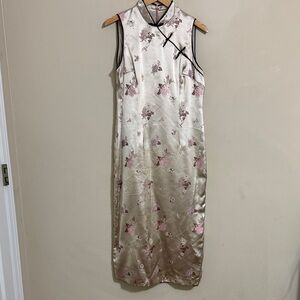 Vintage Robbie Bee Cheongsam Style Dress Cream Floral Sleeveles size 14P Party